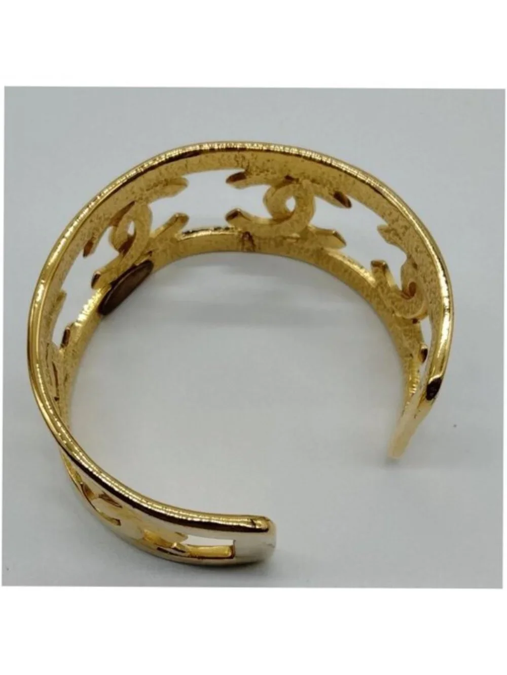 Chanel Gold Tone CC Logo Cutout Wide Open Cuff Bracelet Vintage
